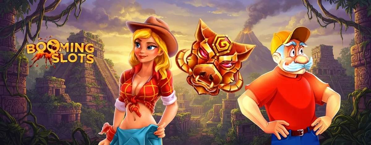 Booming Slots welcome offer artwork with the cowgirl, the prospector and the golden idol mask