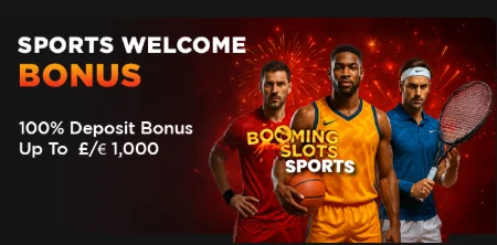 Booming Slots sports welcome bonus banner: 100% deposit bonus up to 1,000
