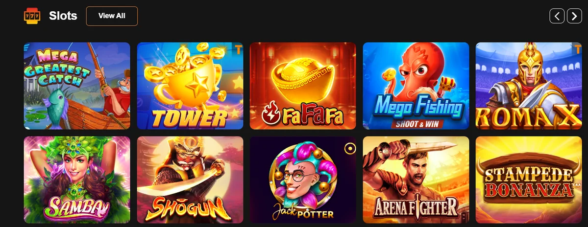 Slots lobby at Booming Slots with Mega Greatest Catch, Tower, Romax and other titles