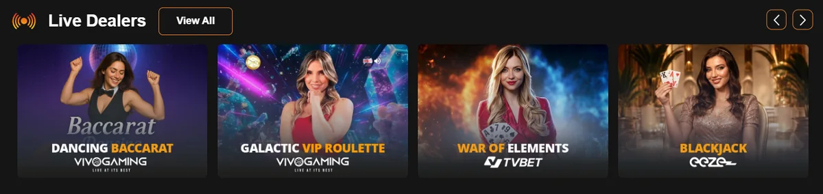 Live Dealers row at Booming Slots with Dancing Baccarat, Galactic VIP Roulette and War of Elements